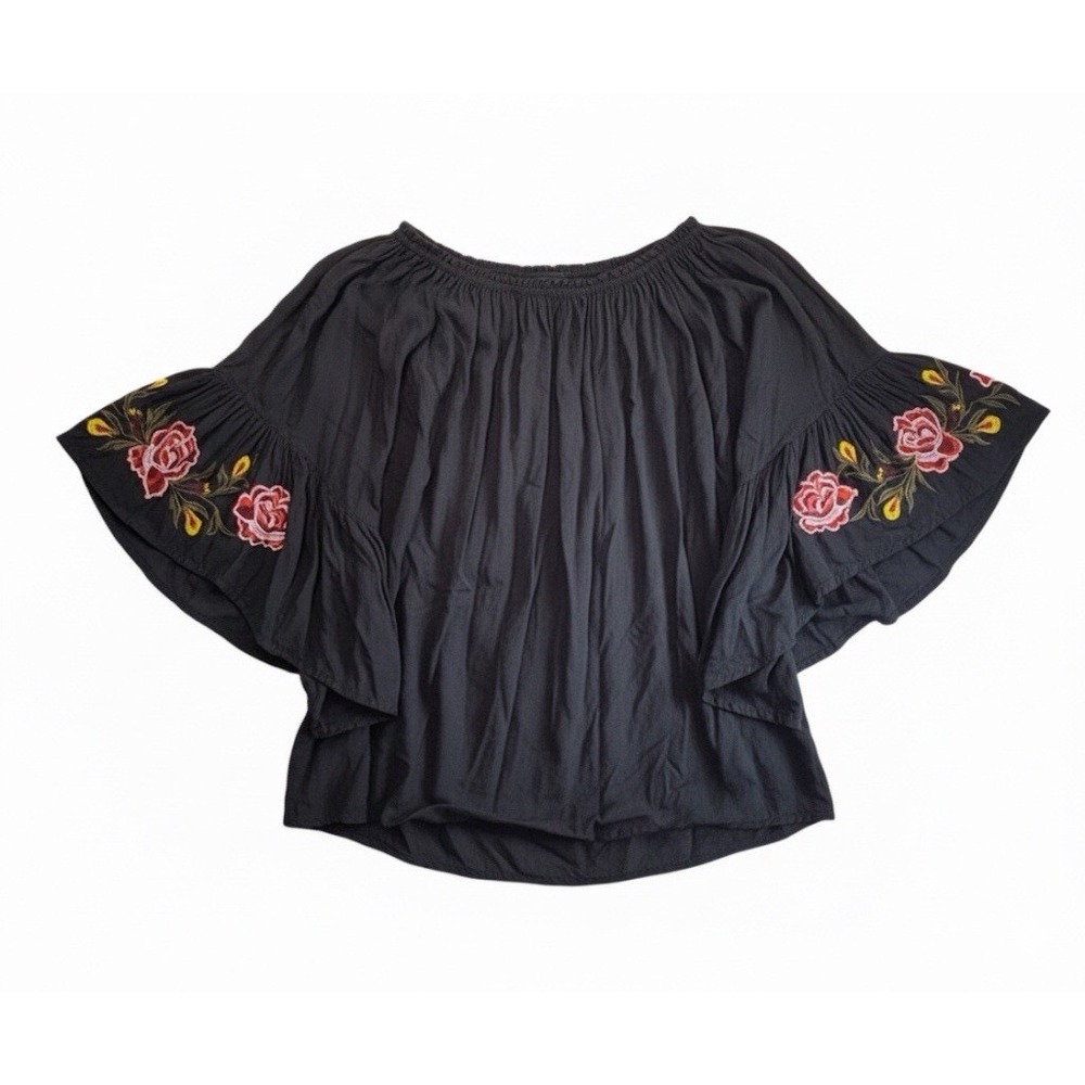 Feathers Black Floral Embroidered Off Shoulder Bell Sleeve Blouse XL Boho Top